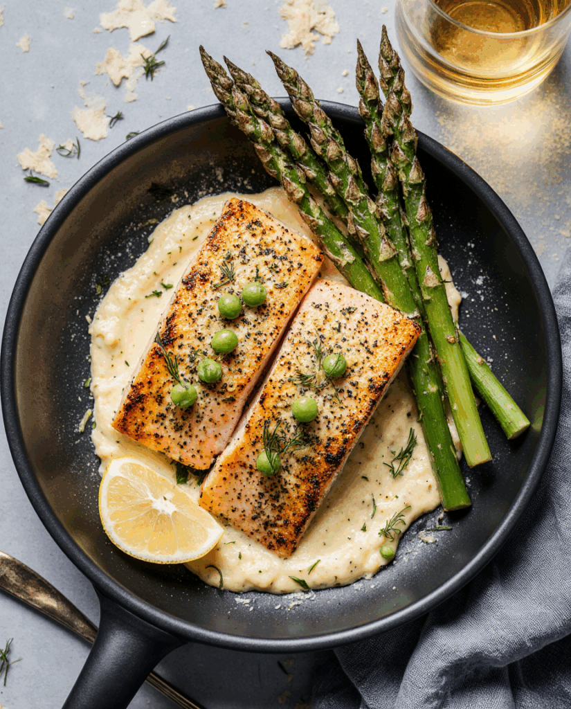 Lachs mit Knoblauchbutter und Spargel